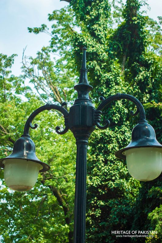 Colonial-era lamp post frames lush canopy at Lady Garden Park.